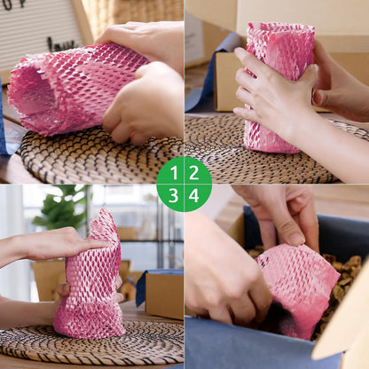 Honeycomb Packing Paper 15" x 131' Eco Friendly Packing Paper for Moving Recyclable Honeycomb Paper Bubble Paper Wrapping with 30 Fragile Sticker Labels and 66fthemp rope (Pink)