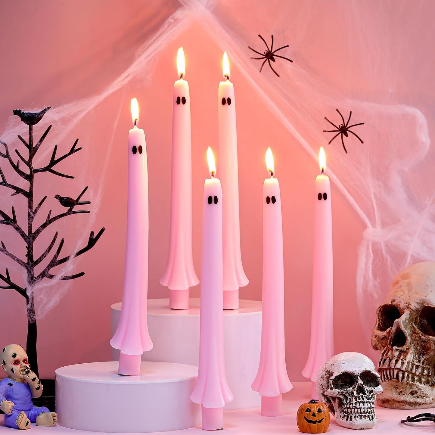 6 Pcs Pink Halloween Ghost Taper Candles Spooky Table Decor