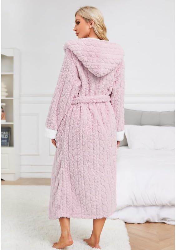 Womens Plush Hooded Robe, Soft Fluffy Womens Fleece Robe Long Warm Bathrobes for Women