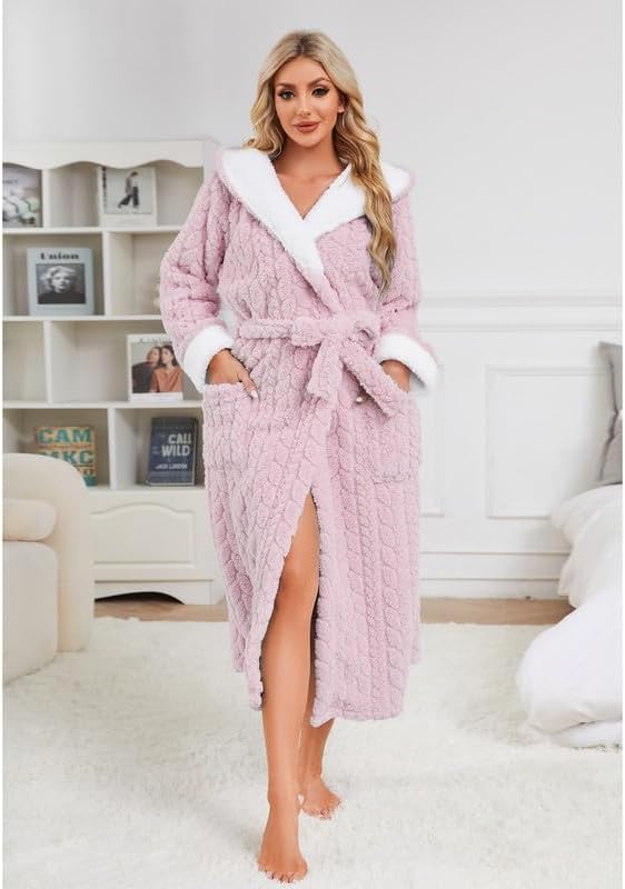 Womens Plush Hooded Robe, Soft Fluffy Womens Fleece Robe Long Warm Bathrobes for Women