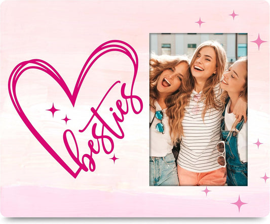 Besties 4x6 Picture Frame–Pink BFF Friendship Photo Frame-Tabletop Stand or Wall Hanging (Hooks & Rope)-Gifts for Birthday, Christmas, Graduation, Galentine’s Day, Mother's Day, etc.(007)