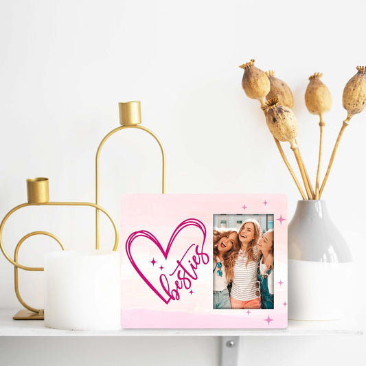 Besties 4x6 Picture Frame–Pink BFF Friendship Photo Frame-Tabletop Stand or Wall Hanging (Hooks & Rope)-Gifts for Birthday, Christmas, Graduation, Galentine’s Day, Mother's Day, etc.(007)