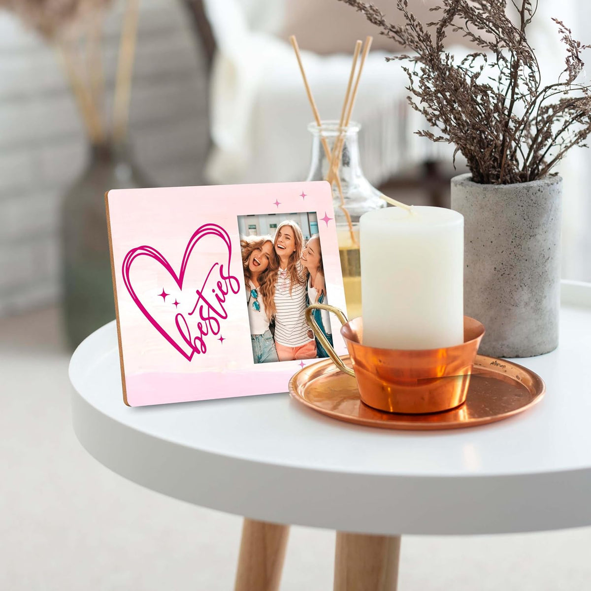 Besties 4x6 Picture Frame–Pink BFF Friendship Photo Frame-Tabletop Stand or Wall Hanging (Hooks & Rope)-Gifts for Birthday, Christmas, Graduation, Galentine’s Day, Mother's Day, etc.(007)