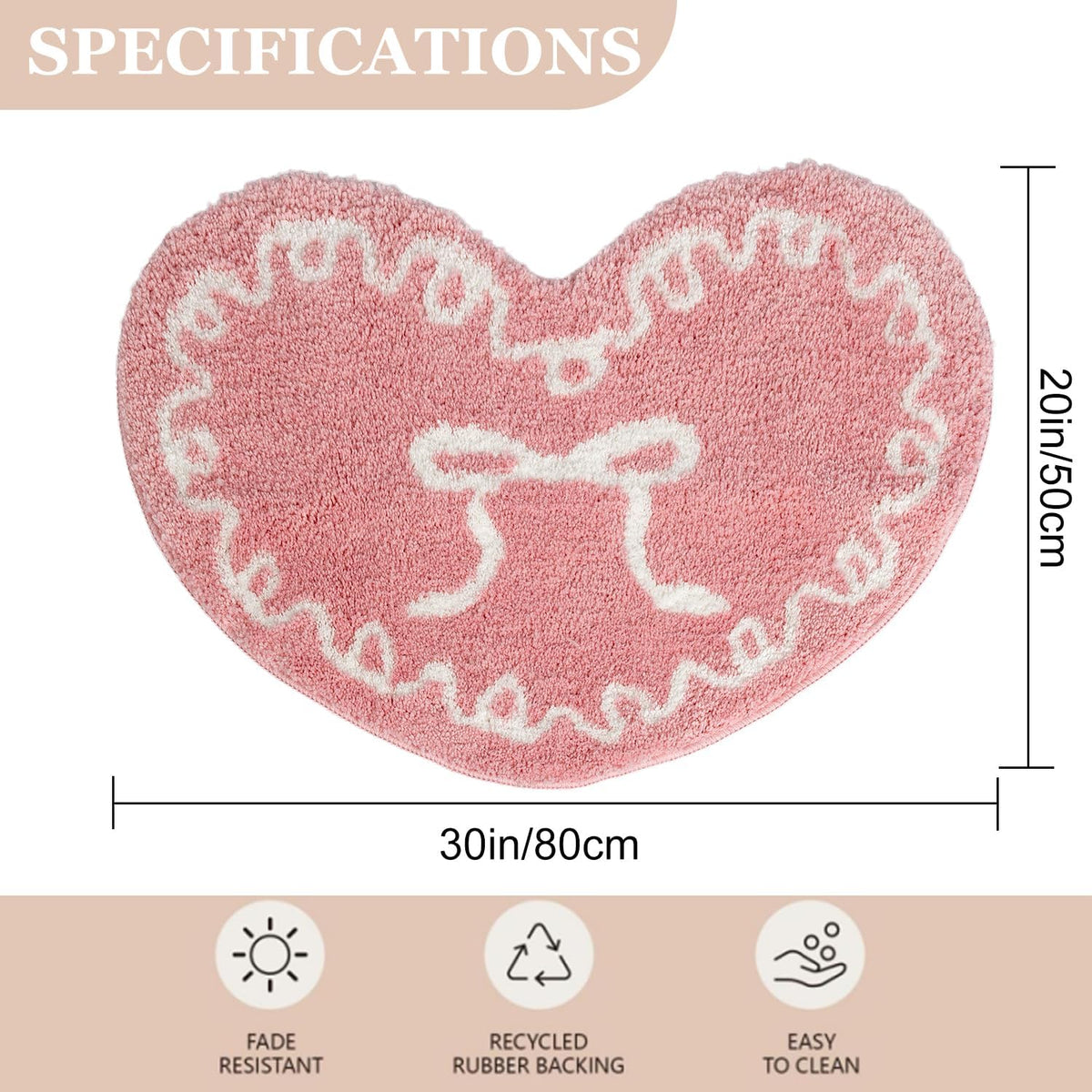 Pink Heart Bow Bathroom Mat Coquette Non Slip Heart Shaped Bow Rug Cute Girly Carpet Room Decor Microfiber Absorbent Bath Rug for Bathroom Bathtub Shower Bedroom (Pink)