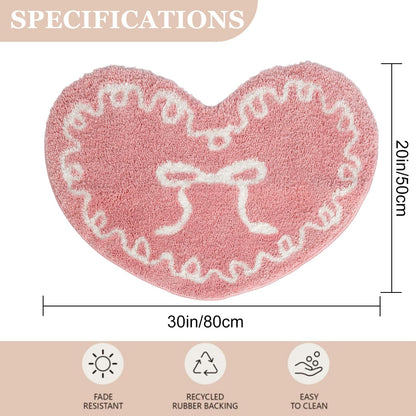 Pink Heart Bow Bathroom Mat Coquette Non Slip Heart Shaped Bow Rug Cute Girly Carpet Room Decor Microfiber Absorbent Bath Rug for Bathroom Bathtub Shower Bedroom (Pink)