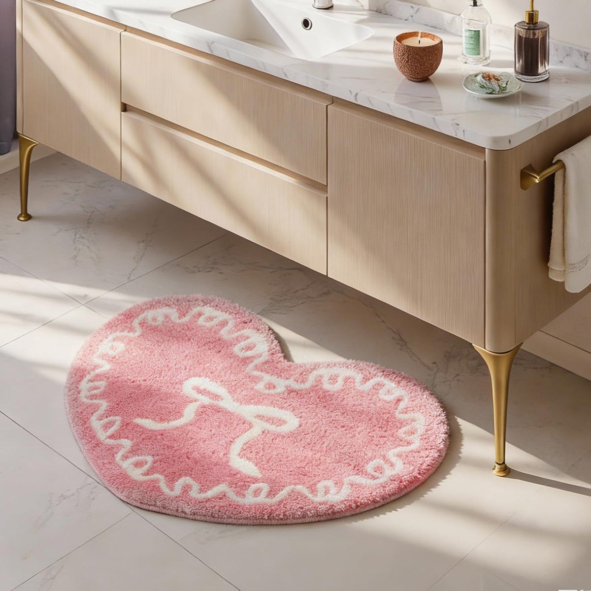 Pink Heart Bow Bathroom Mat Coquette Non Slip Heart Shaped Bow Rug Cute Girly Carpet Room Decor Microfiber Absorbent Bath Rug for Bathroom Bathtub Shower Bedroom (Pink)