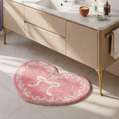 Pink Heart Bow Bathroom Mat Coquette Non Slip Heart Shaped Bow Rug Cute Girly Carpet Room Decor Microfiber Absorbent Bath Rug for Bathroom Bathtub Shower Bedroom (Pink)