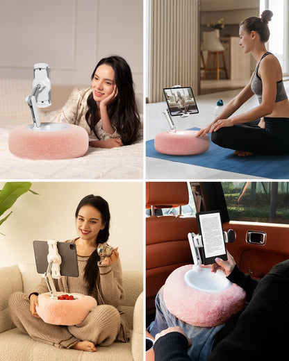 Tablet Stand Pillow, Compatible with 4.7"-13" Phone/Tablet, iPad, iPhone, Samsung, Google, Kindle, 360°Adjustable Phone Holder for Bed with Soft Plush Fabric, and Detachable Bowl, Pink