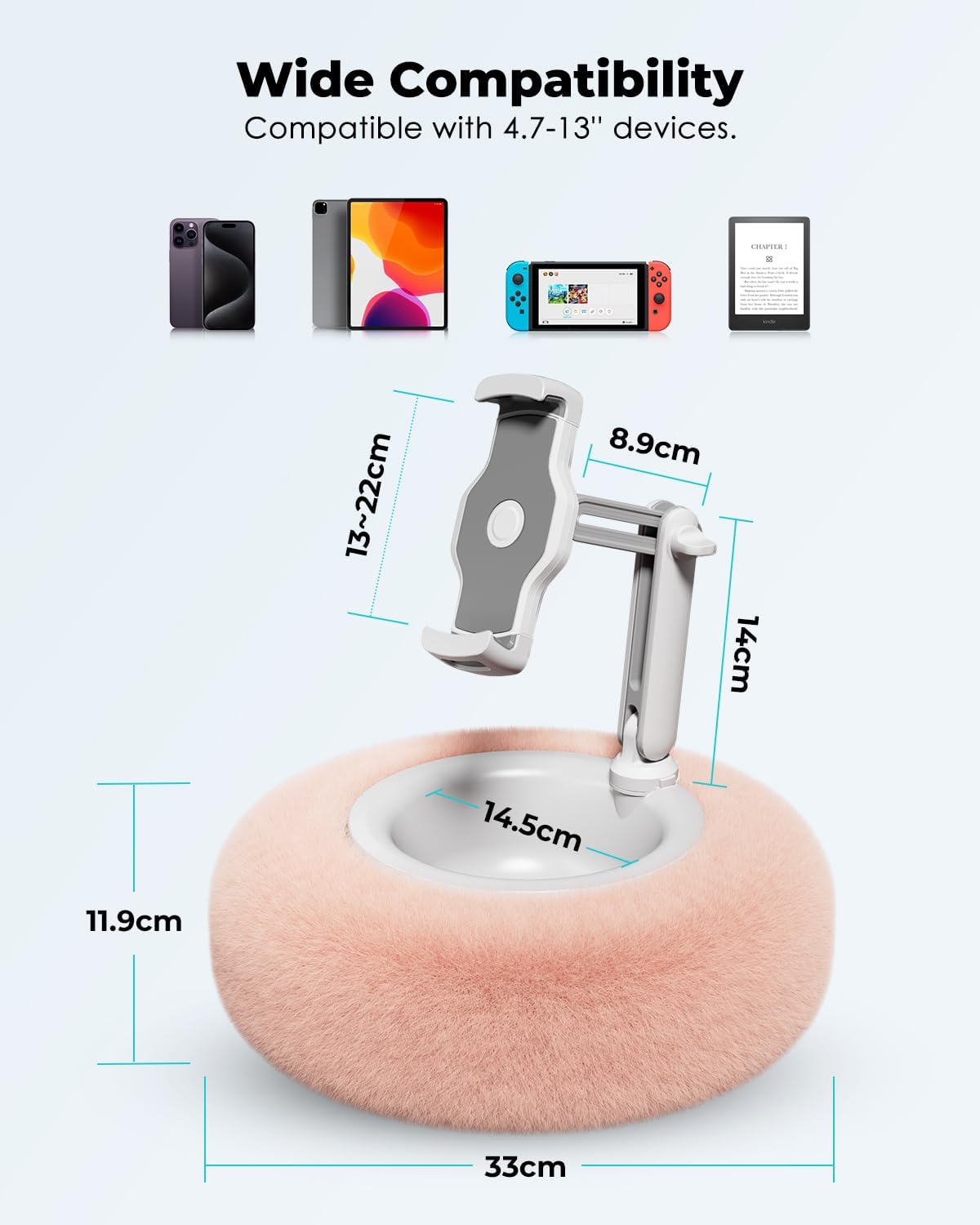 Tablet Stand Pillow, Compatible with 4.7"-13" Phone/Tablet, iPad, iPhone, Samsung, Google, Kindle, 360°Adjustable Phone Holder for Bed with Soft Plush Fabric, and Detachable Bowl, Pink