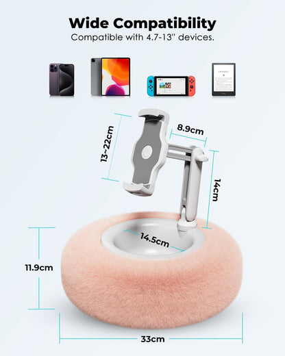 Tablet Stand Pillow, Compatible with 4.7"-13" Phone/Tablet, iPad, iPhone, Samsung, Google, Kindle, 360°Adjustable Phone Holder for Bed with Soft Plush Fabric, and Detachable Bowl, Pink