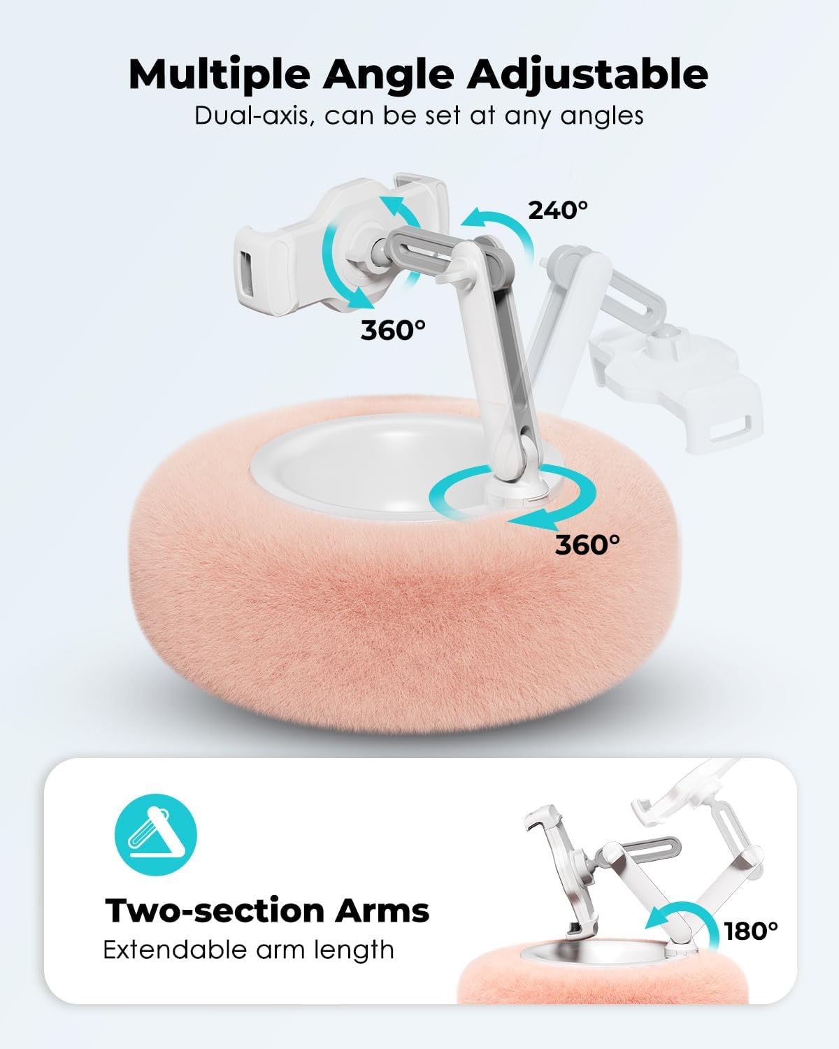 Tablet Stand Pillow, Compatible with 4.7"-13" Phone/Tablet, iPad, iPhone, Samsung, Google, Kindle, 360°Adjustable Phone Holder for Bed with Soft Plush Fabric, and Detachable Bowl, Pink