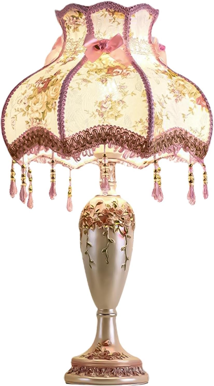 Lovely European Style Table Lamp with Fabric Shade Antique Flower Decorative Nightstand Bedside Lamp Victorian Style Table Light Handmade Pink Table Lamp for Bedroom Living Room Study Office