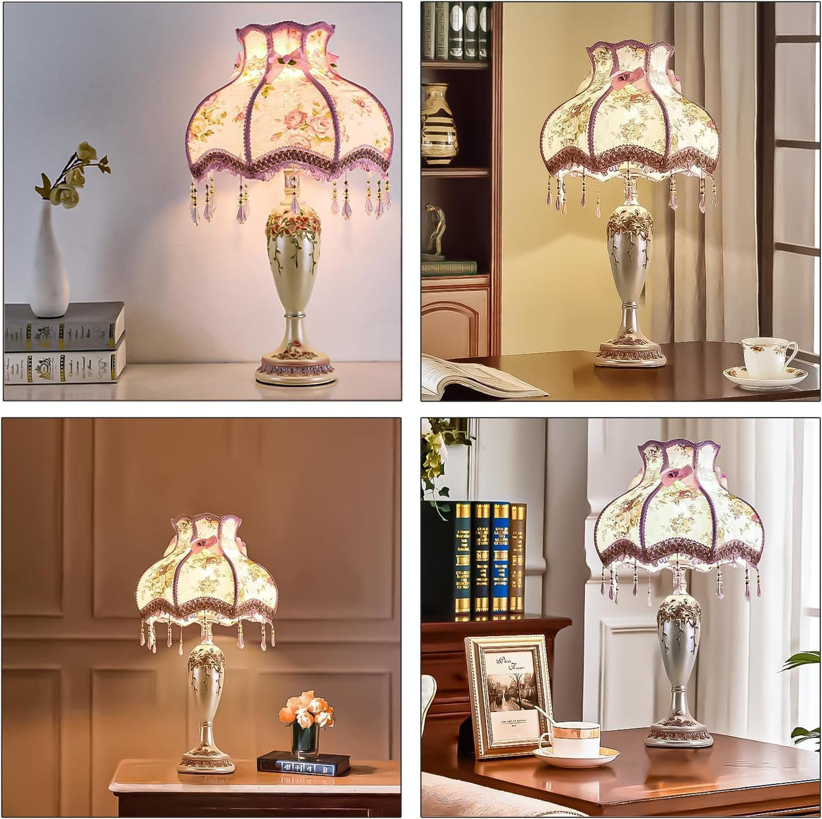 Lovely European Style Table Lamp with Fabric Shade Antique Flower Decorative Nightstand Bedside Lamp Victorian Style Table Light Handmade Pink Table Lamp for Bedroom Living Room Study Office