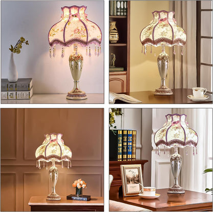Lovely European Style Table Lamp with Fabric Shade Antique Flower Decorative Nightstand Bedside Lamp Victorian Style Table Light Handmade Pink Table Lamp for Bedroom Living Room Study Office