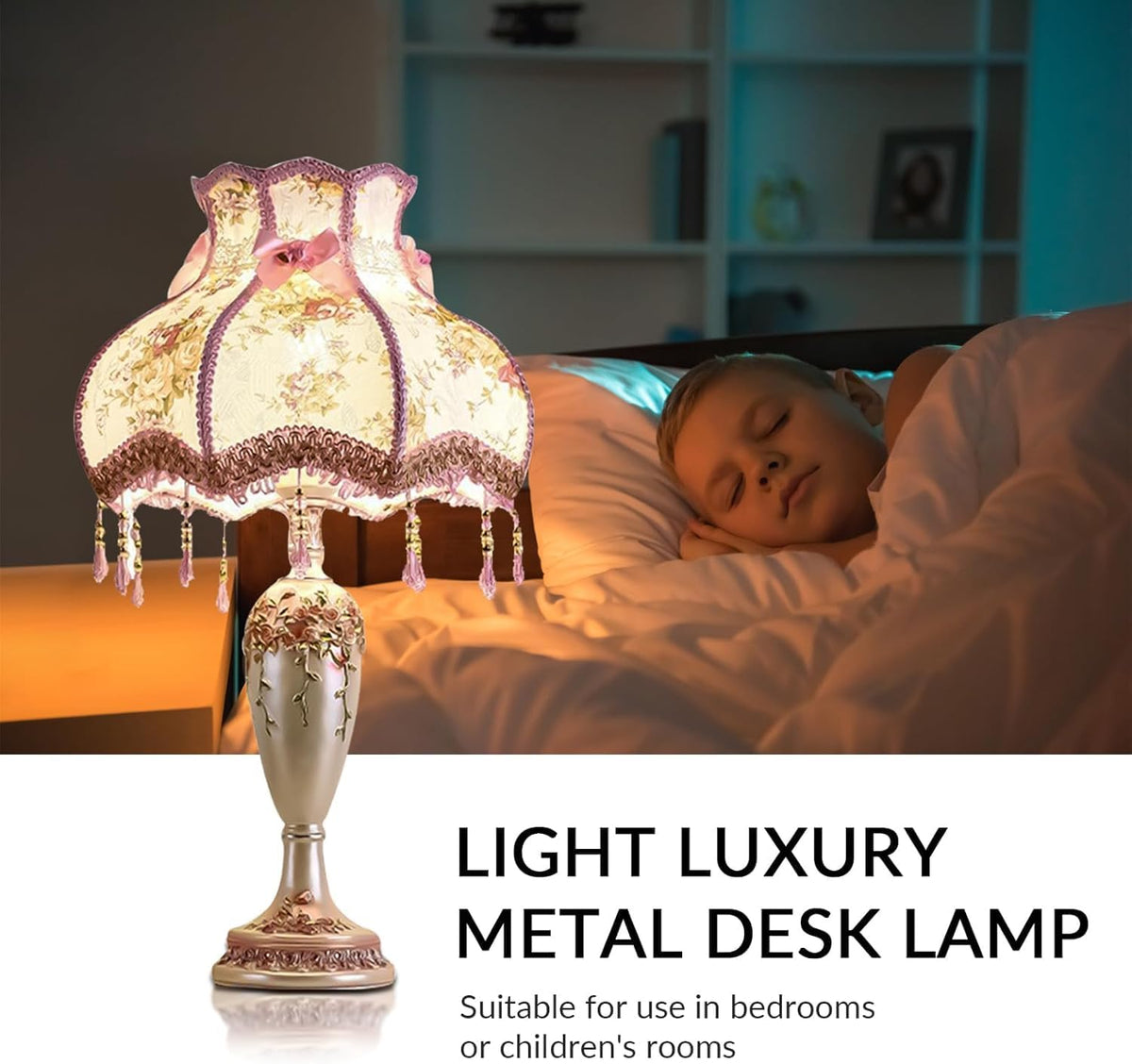 Lovely European Style Table Lamp with Fabric Shade Antique Flower Decorative Nightstand Bedside Lamp Victorian Style Table Light Handmade Pink Table Lamp for Bedroom Living Room Study Office