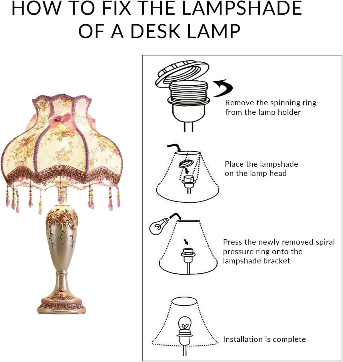 Lovely European Style Table Lamp with Fabric Shade Antique Flower Decorative Nightstand Bedside Lamp Victorian Style Table Light Handmade Pink Table Lamp for Bedroom Living Room Study Office