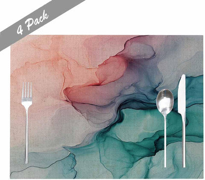 Marble Placemats Green Grey Pink Placemats Set of 6, 18X12 Inch Linen Washable Single-Sided Disposable Table Mats for Party BBQ Holiday Table Décor