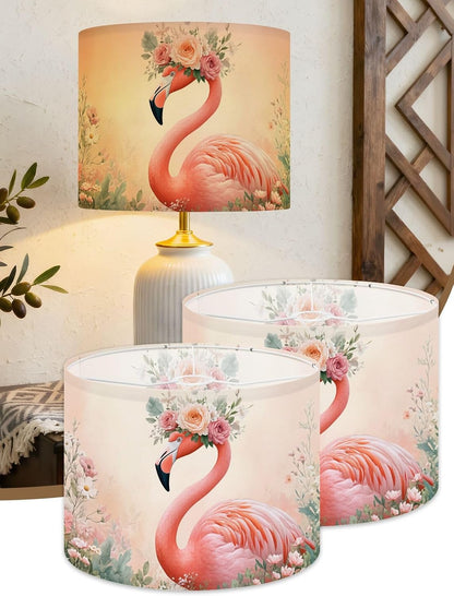 Flamingos Linen Drum Lamp Shades Set of 2, 13"x13"x10" Tropical Animal Pink Modern Roses Floral Crown Pastel Colors Feathers Lampshade for Table Lamps Floor Lamps Easy Assembly Replacement Lamp Shade