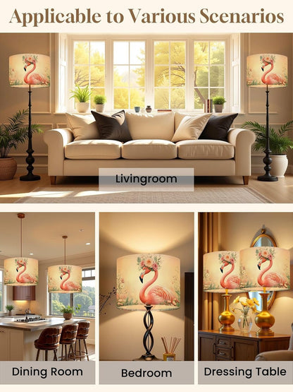 Flamingos Linen Drum Lamp Shades Set of 2, 13"x13"x10" Tropical Animal Pink Modern Roses Floral Crown Pastel Colors Feathers Lampshade for Table Lamps Floor Lamps Easy Assembly Replacement Lamp Shade