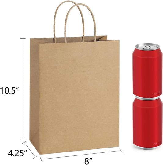 BagDream Gift Bags 8x4.25x10.5 100Pcs Brown Paper Gift Bags with Handles Bulk for Wedding, Party Favor, Grocery, Shopping, Retail, Merchandise Medium Kraft Paper Sacks