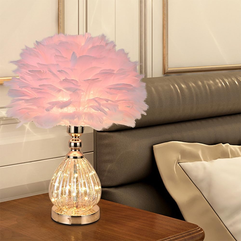 Pink Feather Table Lamp with Plug in Wire, Modern Feather Lamp Bedside Table Lamp, Golden Lamp Body for Romantic Atmosphere Bedroom Nightstand Lamp Desk Decorative Night Light Creative Fixture (Pink)