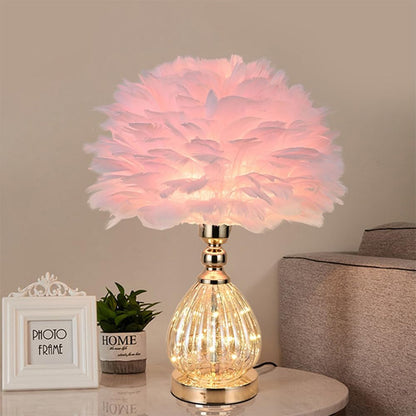 Pink Feather Table Lamp with Plug in Wire, Modern Feather Lamp Bedside Table Lamp, Golden Lamp Body for Romantic Atmosphere Bedroom Nightstand Lamp Desk Decorative Night Light Creative Fixture (Pink)