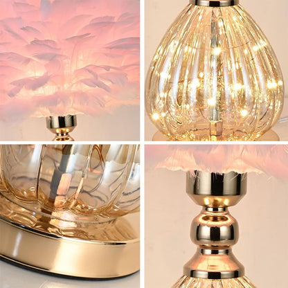 Pink Feather Table Lamp with Plug in Wire, Modern Feather Lamp Bedside Table Lamp, Golden Lamp Body for Romantic Atmosphere Bedroom Nightstand Lamp Desk Decorative Night Light Creative Fixture (Pink)