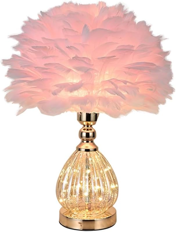 Pink Feather Table Lamp with Plug in Wire, Modern Feather Lamp Bedside Table Lamp, Golden Lamp Body for Romantic Atmosphere Bedroom Nightstand Lamp Desk Decorative Night Light Creative Fixture (Pink)