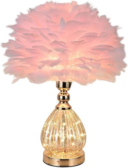 Pink Feather Table Lamp with Plug in Wire, Modern Feather Lamp Bedside Table Lamp, Golden Lamp Body for Romantic Atmosphere Bedroom Nightstand Lamp Desk Decorative Night Light Creative Fixture (Pink)