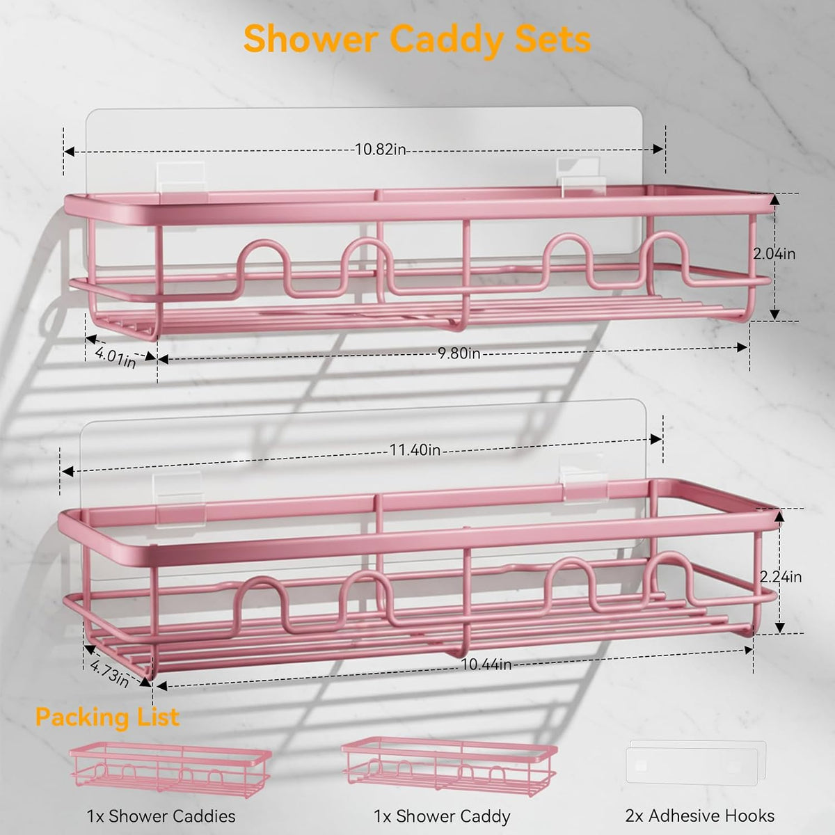 Adhesive Shower Caddy, Large Capacity Shower Racks for Inside Shower, No Drill Bathroom Shower Organizer and Storage, 2 Pack Pink Bathroom Shelves, Home Decor Rv Accessories, Apartment