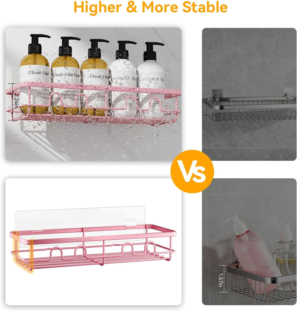 Adhesive Shower Caddy, Large Capacity Shower Racks for Inside Shower, No Drill Bathroom Shower Organizer and Storage, 2 Pack Pink Bathroom Shelves, Home Decor Rv Accessories, Apartment