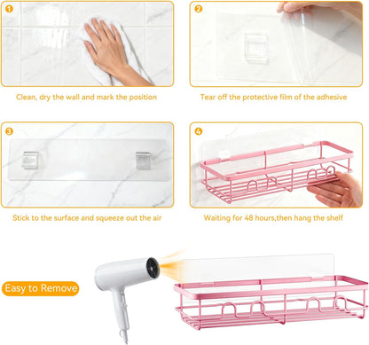 Adhesive Shower Caddy, Large Capacity Shower Racks for Inside Shower, No Drill Bathroom Shower Organizer and Storage, 2 Pack Pink Bathroom Shelves, Home Decor Rv Accessories, Apartment