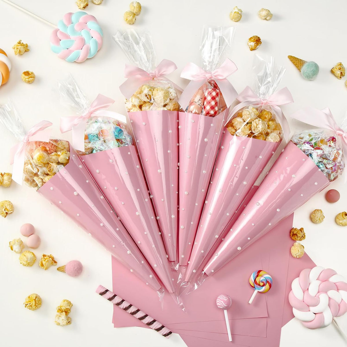156 Pcs Pink Bow Cone Cellophane Bags Snack Popcorn Party Treat