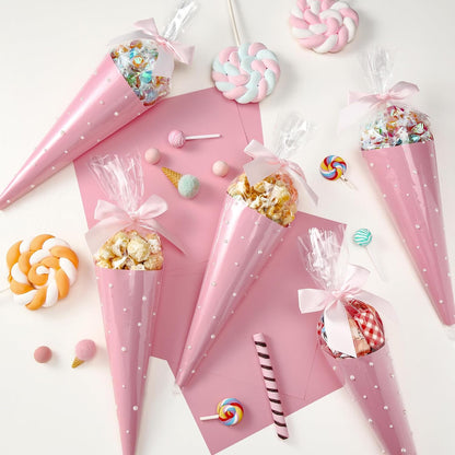 156 Pcs Pink Bow Cone Cellophane Bags Snack Popcorn Party Treat
