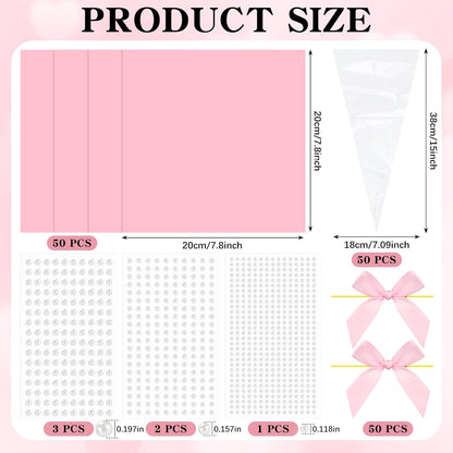 156 Pcs Pink Bow Cone Cellophane Bags Snack Popcorn Party Treat