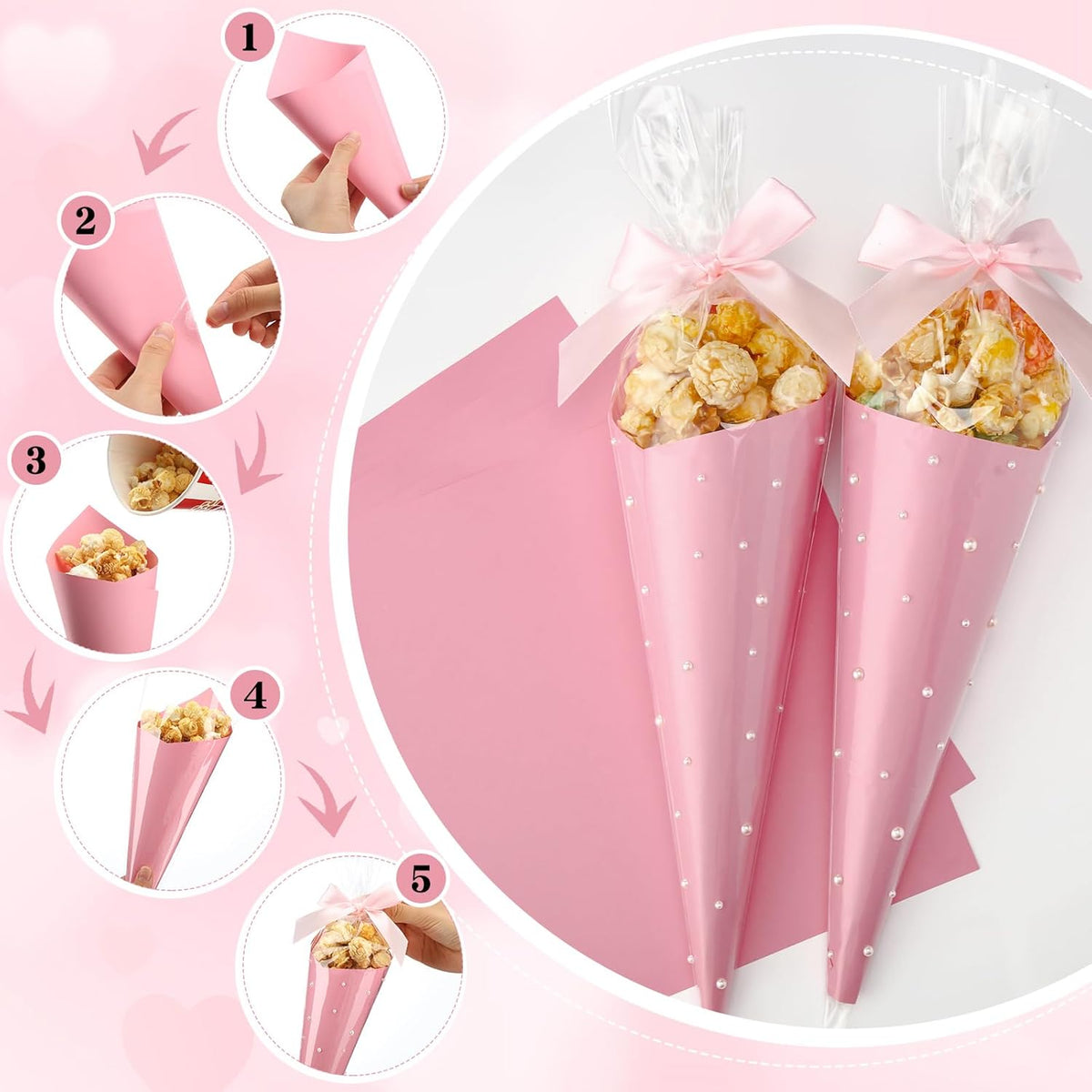 156 Pcs Pink Bow Cone Cellophane Bags Snack Popcorn Party Treat