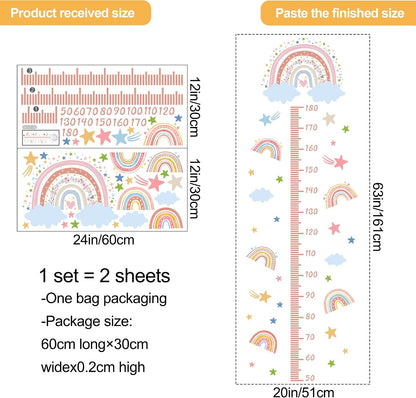 3D Cartoon Height Growth Chart for Kids - Removable DIY Pink Rainbow Wall Decal Peel and Stick Stars and White Clouds Wall Art Decor for Kids Nursery, Bedroom, Bathroom