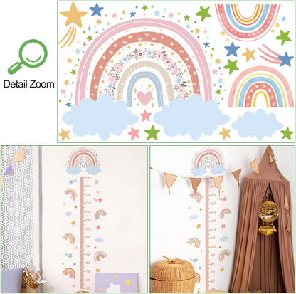 3D Cartoon Height Growth Chart for Kids - Removable DIY Pink Rainbow Wall Decal Peel and Stick Stars and White Clouds Wall Art Decor for Kids Nursery, Bedroom, Bathroom