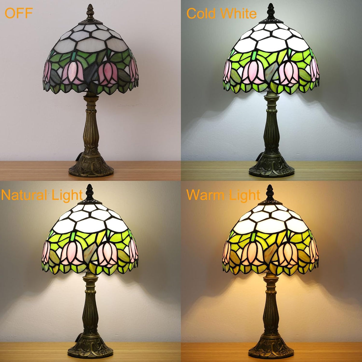Tiffany Style Table Lamp, Pink Tulip Stained Glass Lamp, 8 Inch Small Antique Lamp, for Bedside Nightstand Bedroom Living Room Home Office, Include LED Bulb