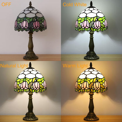 Tiffany Style Table Lamp, Pink Tulip Stained Glass Lamp, 8 Inch Small Antique Lamp, for Bedside Nightstand Bedroom Living Room Home Office, Include LED Bulb