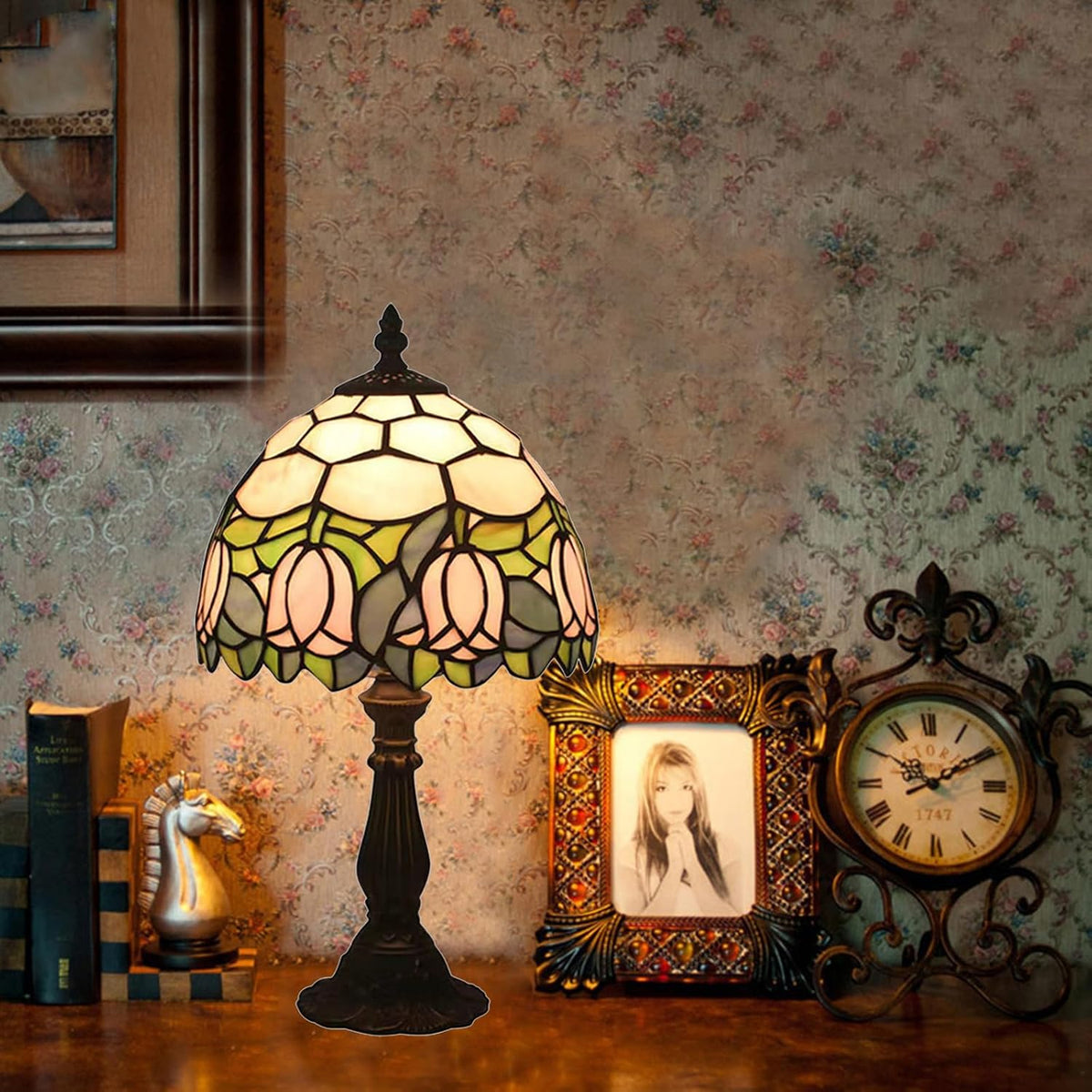 Tiffany Style Table Lamp, Pink Tulip Stained Glass Lamp, 8 Inch Small Antique Lamp, for Bedside Nightstand Bedroom Living Room Home Office, Include LED Bulb