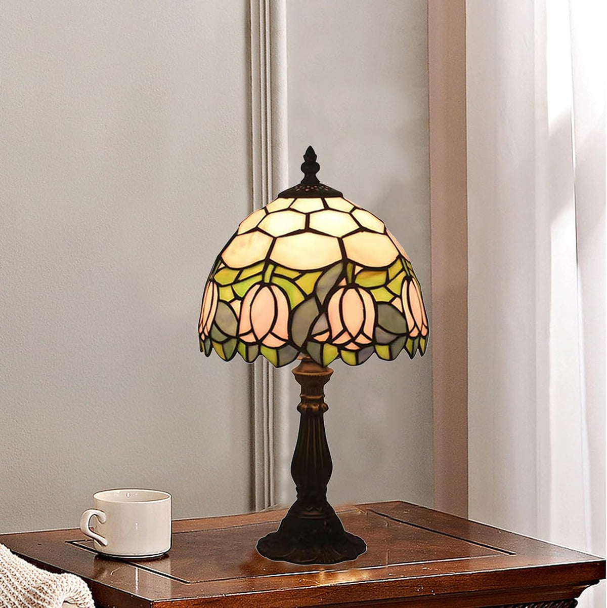 Tiffany Style Table Lamp, Pink Tulip Stained Glass Lamp, 8 Inch Small Antique Lamp, for Bedside Nightstand Bedroom Living Room Home Office, Include LED Bulb