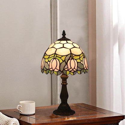 Tiffany Style Table Lamp, Pink Tulip Stained Glass Lamp, 8 Inch Small Antique Lamp, for Bedside Nightstand Bedroom Living Room Home Office, Include LED Bulb