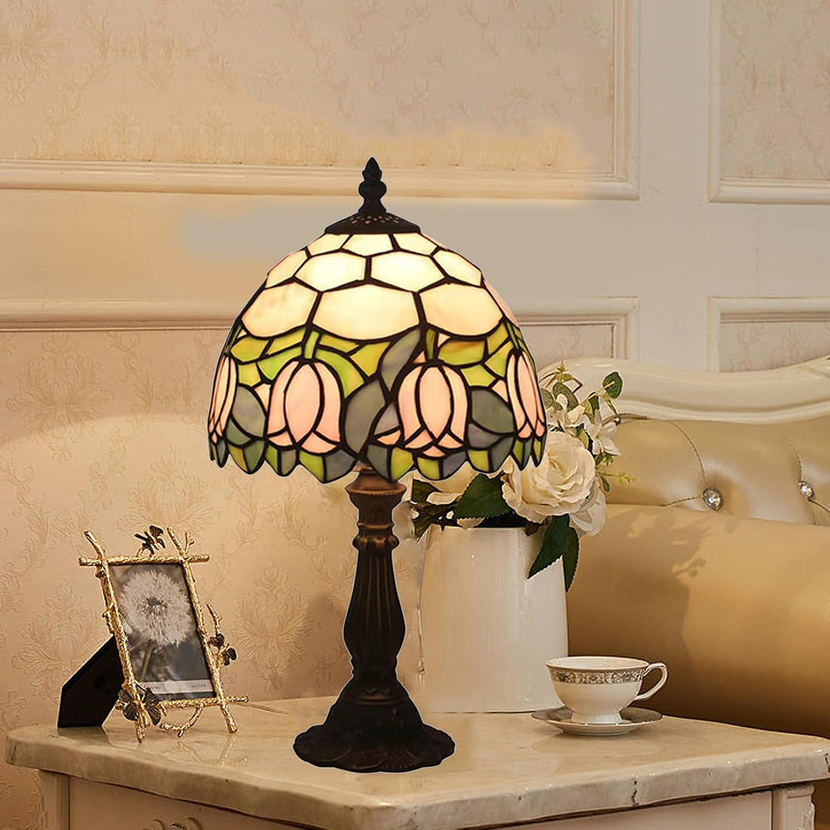 Tiffany Style Table Lamp, Pink Tulip Stained Glass Lamp, 8 Inch Small Antique Lamp, for Bedside Nightstand Bedroom Living Room Home Office, Include LED Bulb
