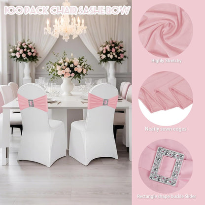100 Pack Spandex Stretch Chair Sashes Bows Elastic Chair Cover Bands Ties with Buckle Slider for Wedding Party Banquet Restaurant Baby Shower Christmas Decorations (Dusty Pink)