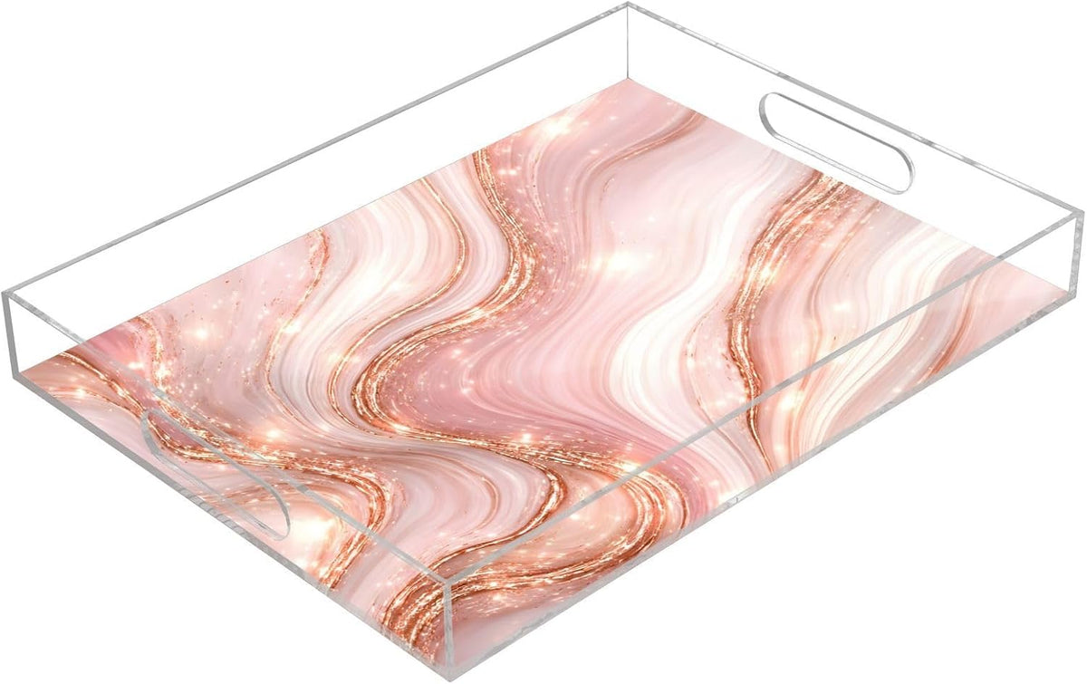 Elegant Marble Pink Gold Serving Tray 12" x 16" Acrylic Trays with Handles Decorative Serving Platter for Coffee, Breakfast in Bed, Dinner, Appetizers, Patio, Party