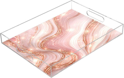 Elegant Marble Pink Gold Serving Tray 12" x 16" Acrylic Trays with Handles Decorative Serving Platter for Coffee, Breakfast in Bed, Dinner, Appetizers, Patio, Party