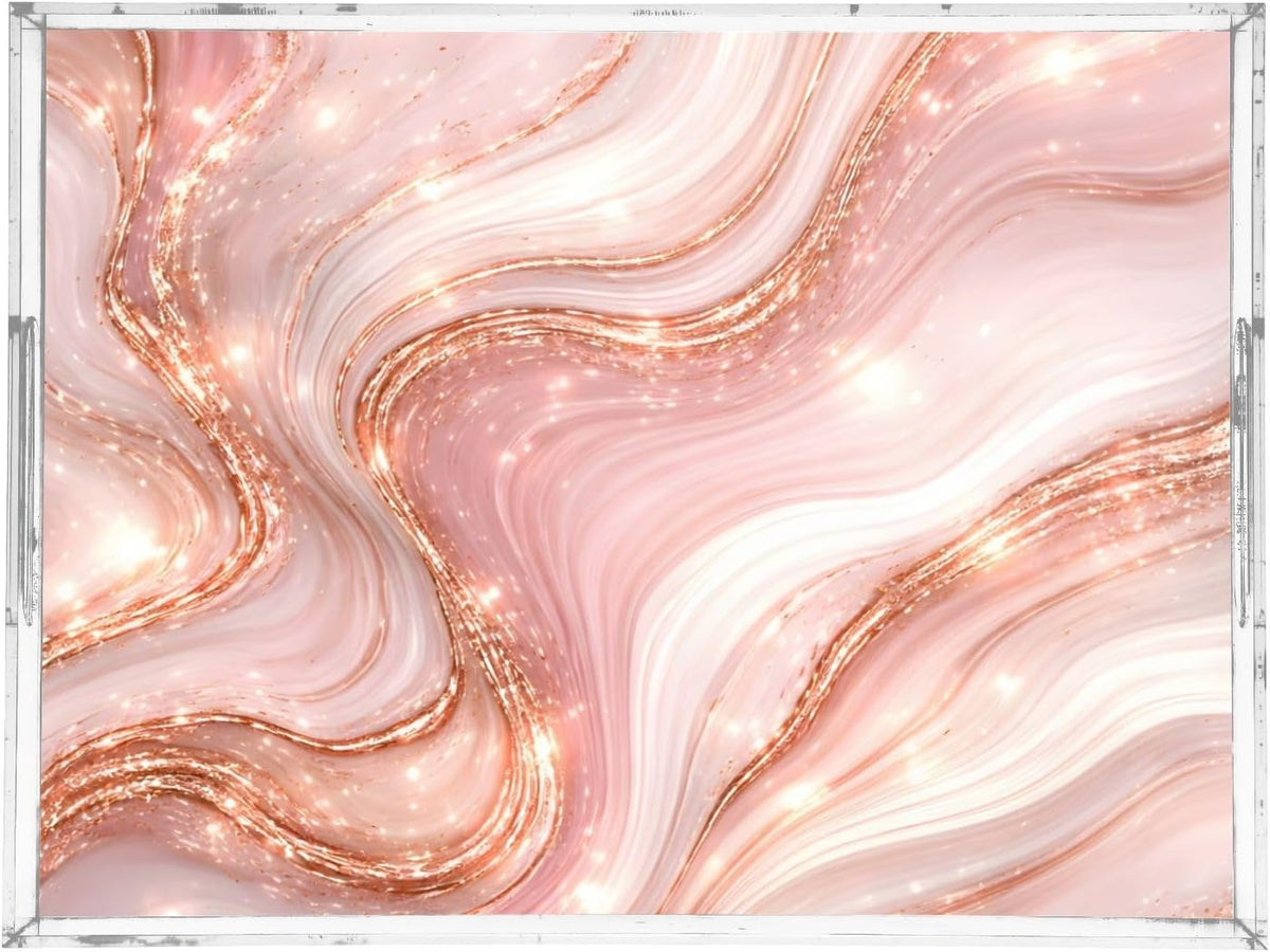 Elegant Marble Pink Gold Serving Tray 12" x 16" Acrylic Trays with Handles Decorative Serving Platter for Coffee, Breakfast in Bed, Dinner, Appetizers, Patio, Party