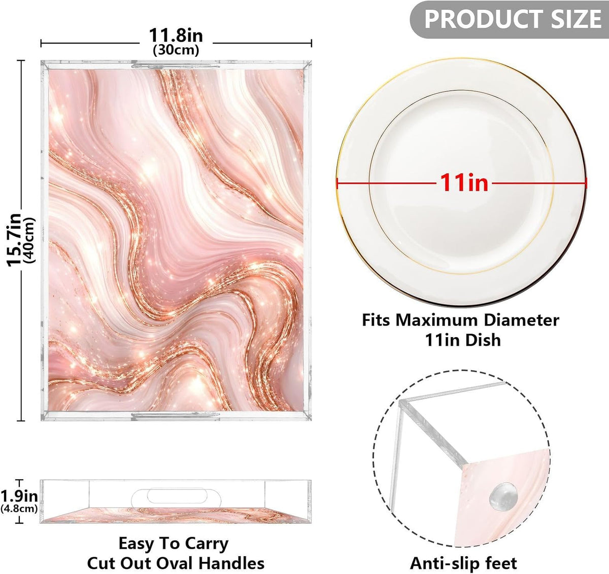 Elegant Marble Pink Gold Serving Tray 12" x 16" Acrylic Trays with Handles Decorative Serving Platter for Coffee, Breakfast in Bed, Dinner, Appetizers, Patio, Party