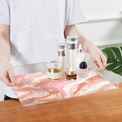 Elegant Marble Pink Gold Serving Tray 12" x 16" Acrylic Trays with Handles Decorative Serving Platter for Coffee, Breakfast in Bed, Dinner, Appetizers, Patio, Party